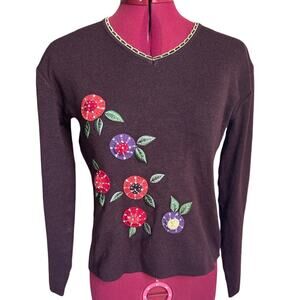 Juliana Small Y2K V Neck Beaded Embroidered Floral Scalloped Collared‎ Sweater